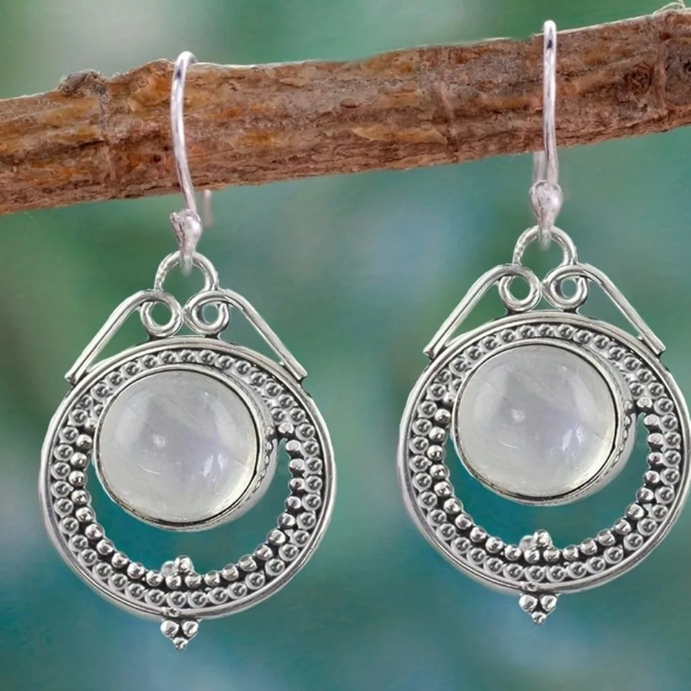 سحر الرجعية القديمة الفضة هندسية دائرة سبعة ألوان Moonstone الأحمر أوبال قلادة استرخى أقراط للنساء مزاجه مجوهرات