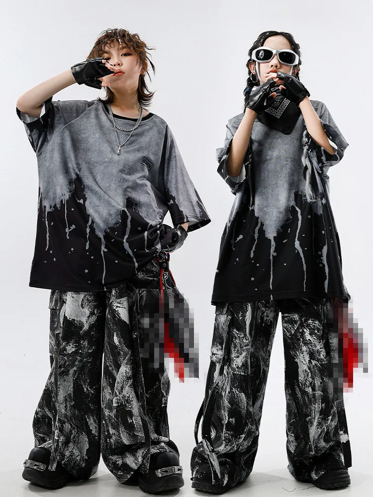 Girls Jazz Dance Hip Hop Outfit Child Model Catwalk Stage Dance Show Costume Black Navel Top White Trousers