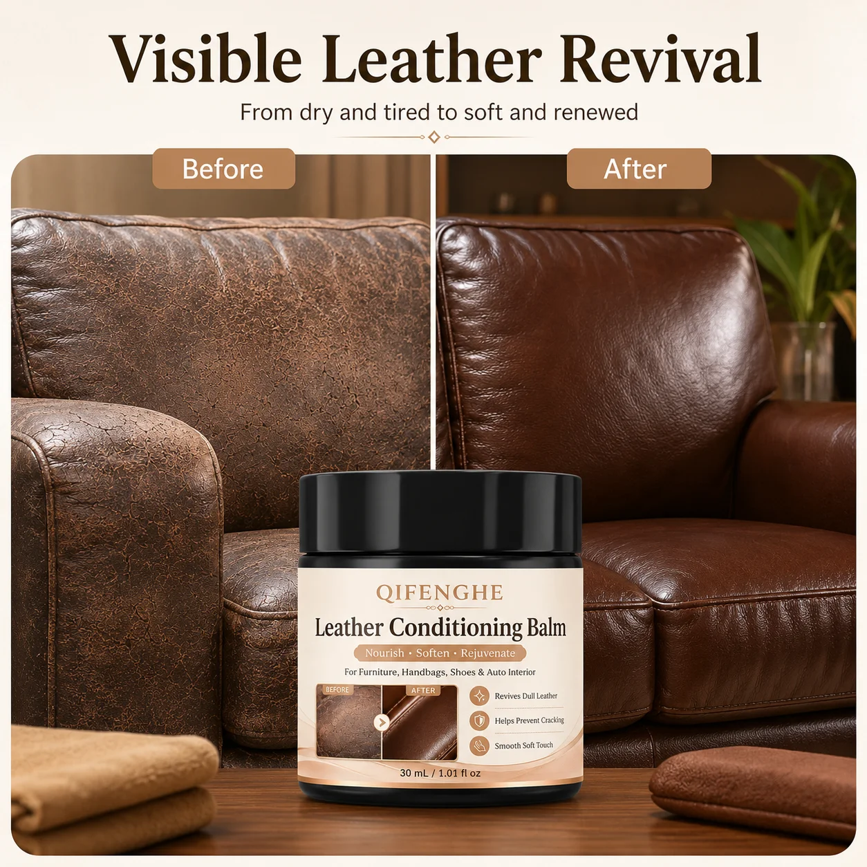 30ml Leather Care Balm - Deep Conditioning & Polishing for Dry, Cracked Leather, Restores Flexibility
