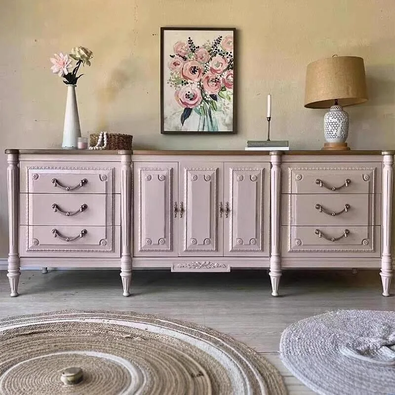 TT  solid wood TV cabinet villa living room contrasting color storage cabinet retro carved storage side cabinet