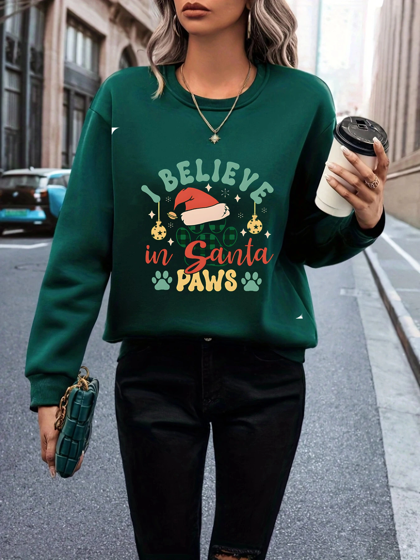 Christmas Holiday Orientation Santa Claus Print Cozy Hoodless Green Sweatshirt Fashion Women\'s Versatile Tops