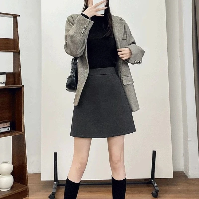2025 New Korean Style Wool A-Line Midi Skirt Women High Waist Solid Slimming College Kawaii Mini Skirts Woman