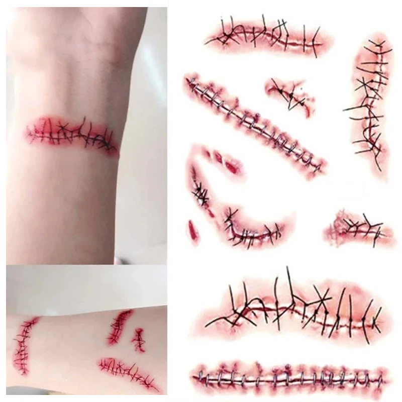 1Pcs Halloween Zombie Scars Tattoos With Fake Bloody Makeup Halloween Decoration Wound Scary Blood Injury Tattoo Stickers