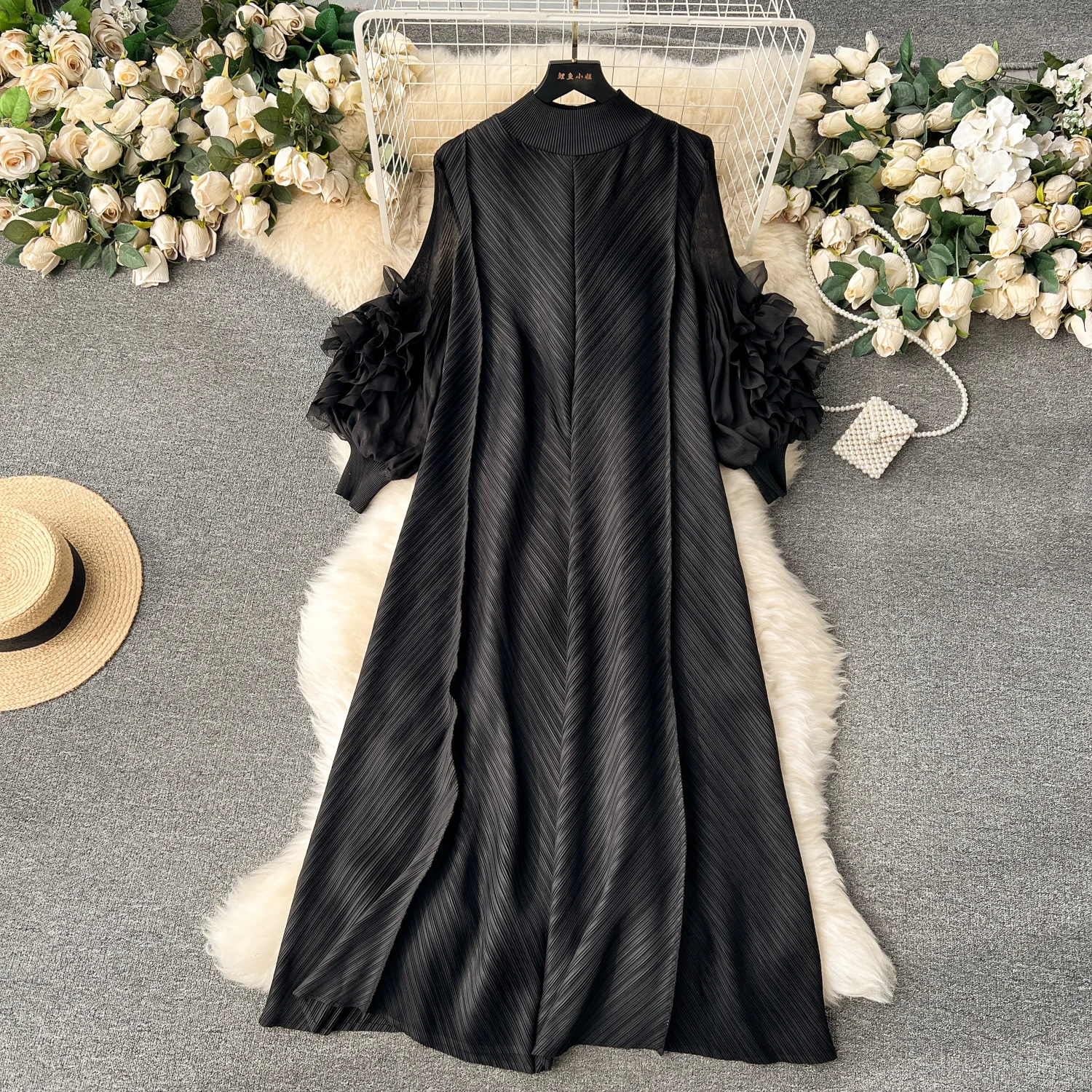 sweet pleated vintage Three-dimensional Flower loose Dress Chic Evening korean fashion Fashion Women summer dresses