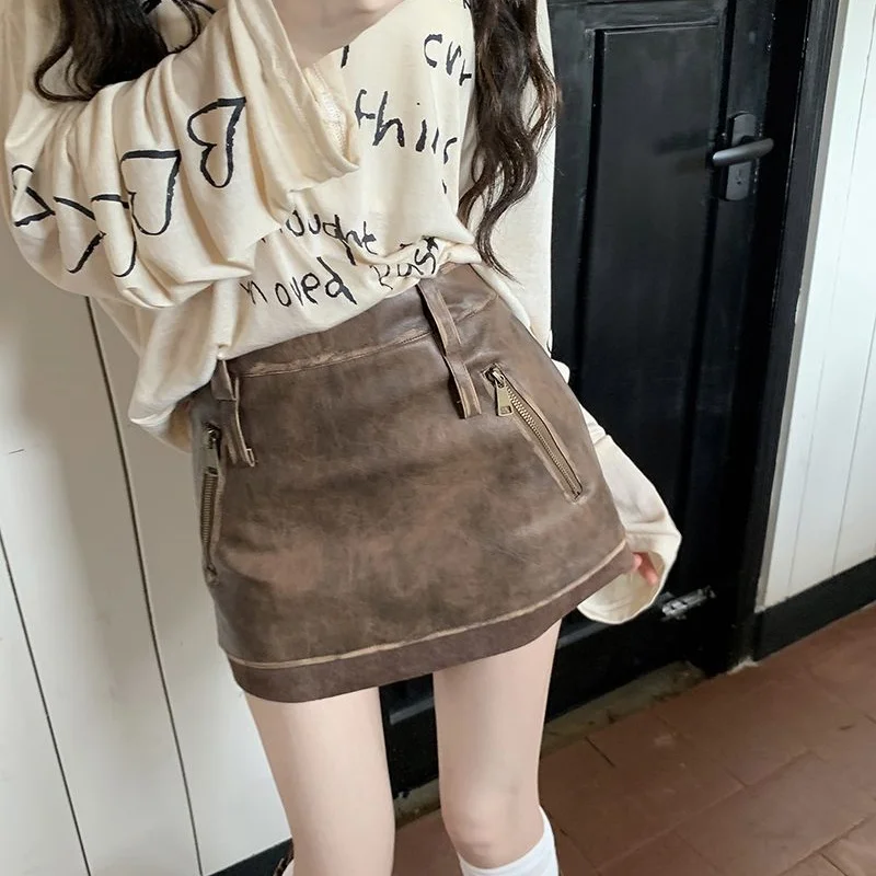 New Spicy Girl Retro Leather Mini Skirt Women Fashion Spring High Waisted Pocket A-Line Slim Skirts Casual Zipper Jupe Y2k
