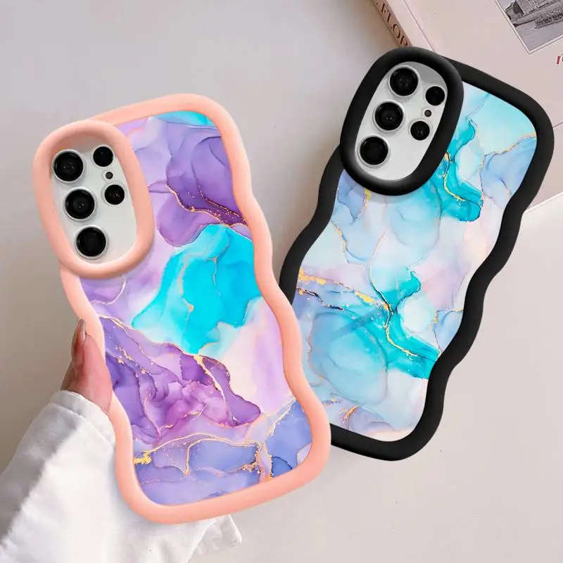 Luxury Purple Blue Marble Art Macaron Waves Phone Case for Samsung S24 S23 S22 S21 FE Ultra for Galaxy A50 A05 A04 Candy Cover