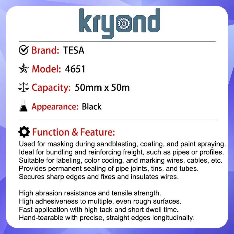 TESA 4651 50mm x 50m (Black) Robust Tape with Excellent Abrasion Resistance