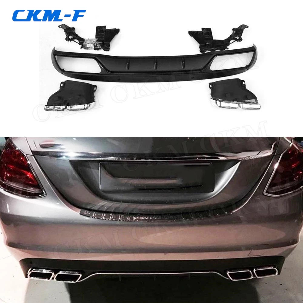 PP Rear Bumper Lip Diffuser with Exhaust Tips 4 Outlet for Benz C Class W205 4 Door Change to C63 AMG Style Standard bumper