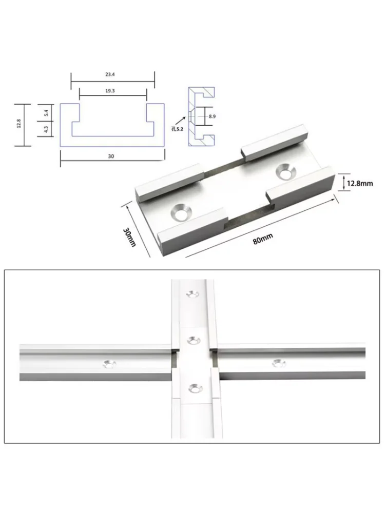 T-Track Intersection Slot Woodworking Chute T Slot Cross Connector Track Miter Gauge Guide Rail with Predrilled Mounting Holes