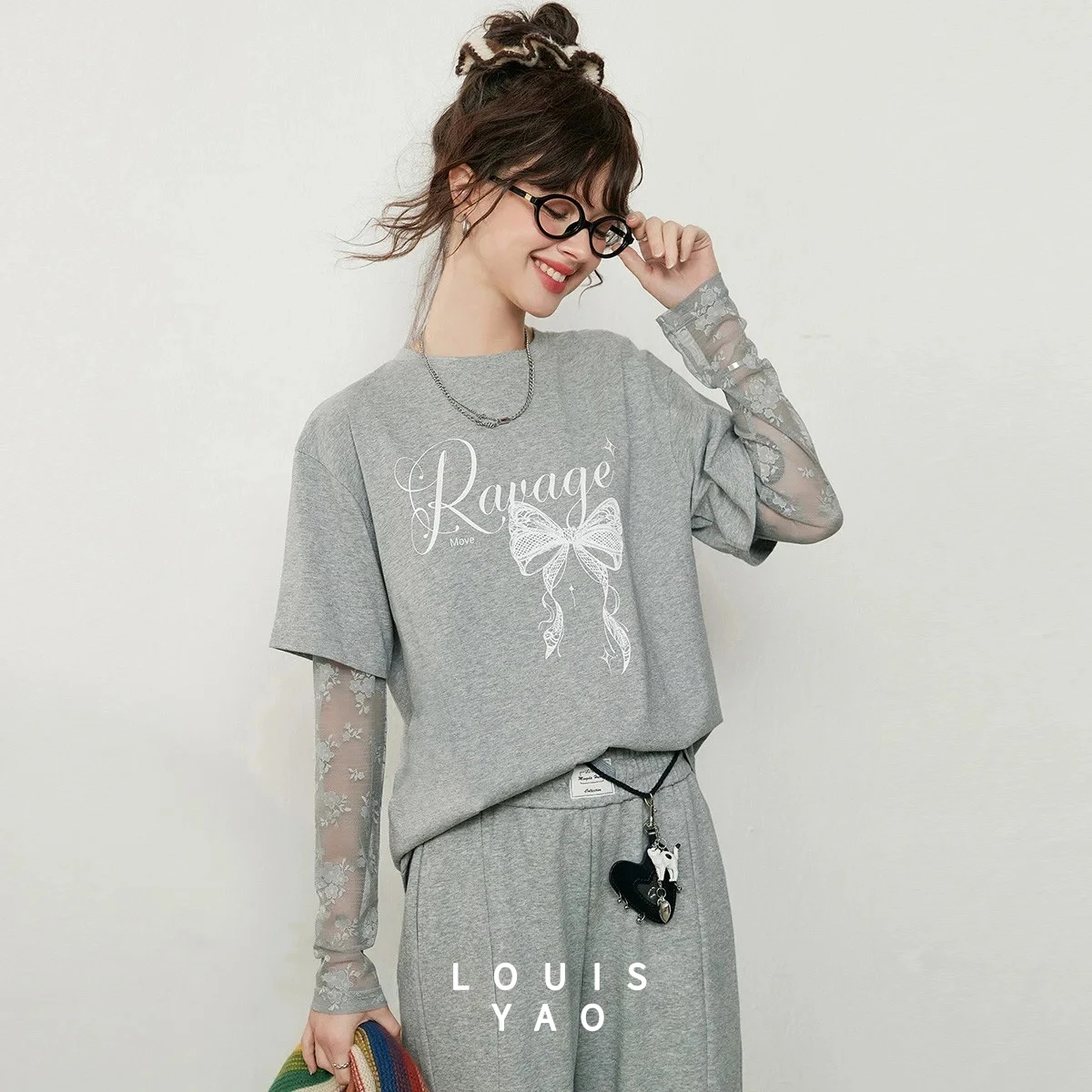

LOUISYAO Lace Print Long-Sleeve T-Shirt 2025 Autumn Top Fake Two-Piece Round Neck Patchwork Y2K Women's T-Shirt Chic