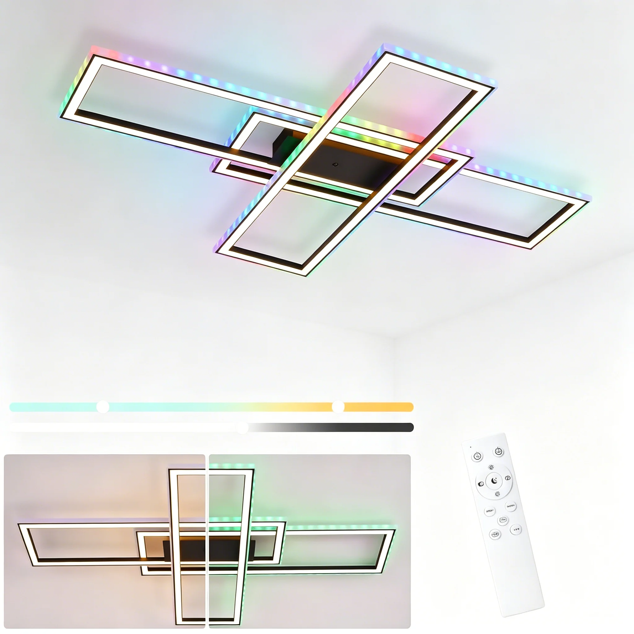 Cliheet 3-flammige schwarze LED-Deckenleuchte, 50 W, dimmbar, RGB, modern, mit Fernbedienung, für Wohnzimmer, Schlafzimmer, Gaming-Raum