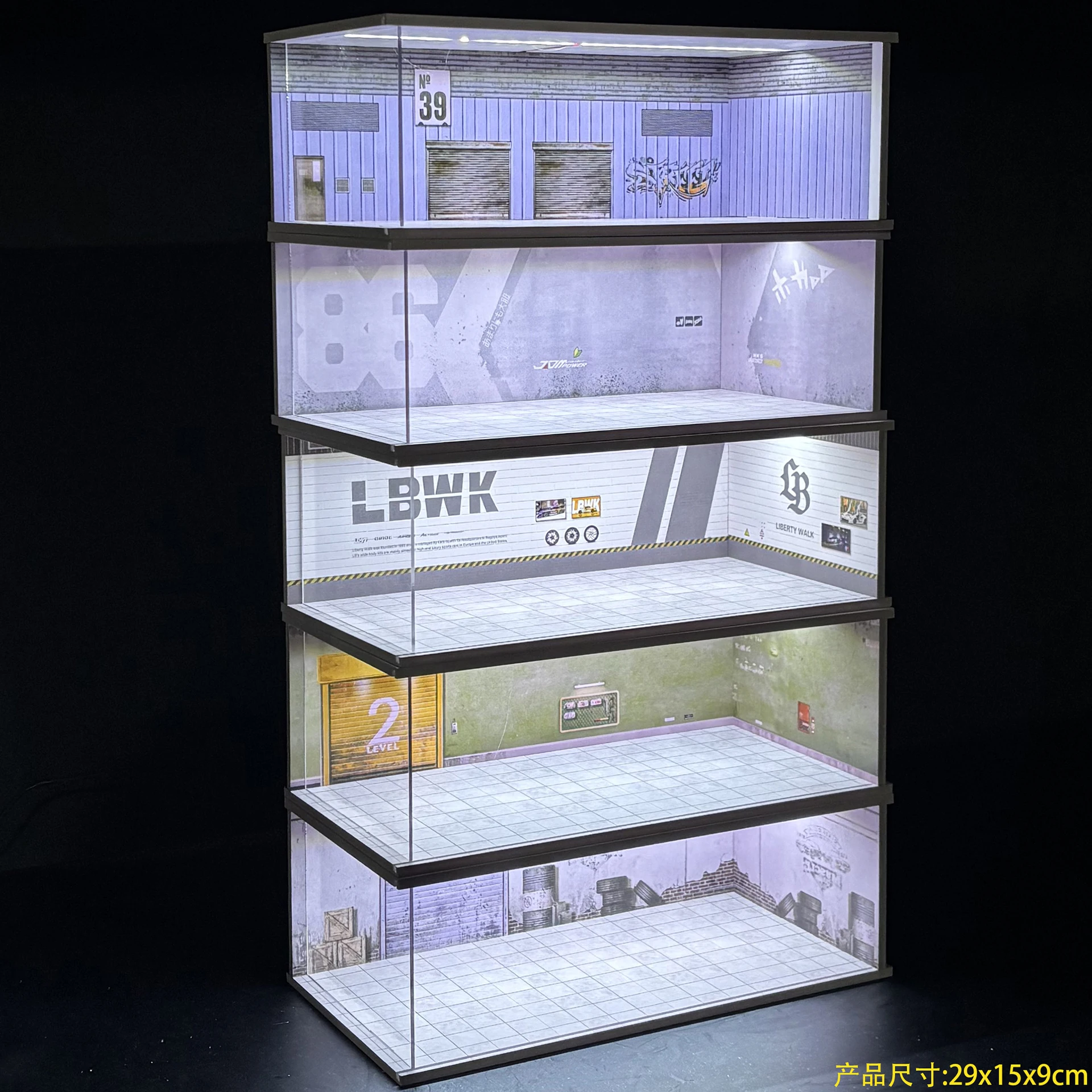 1/64 Scale Car Garage Diorama Model Display Case USB LED Parking Lot Car Garage Models Set Lighting for Car Models Collectors