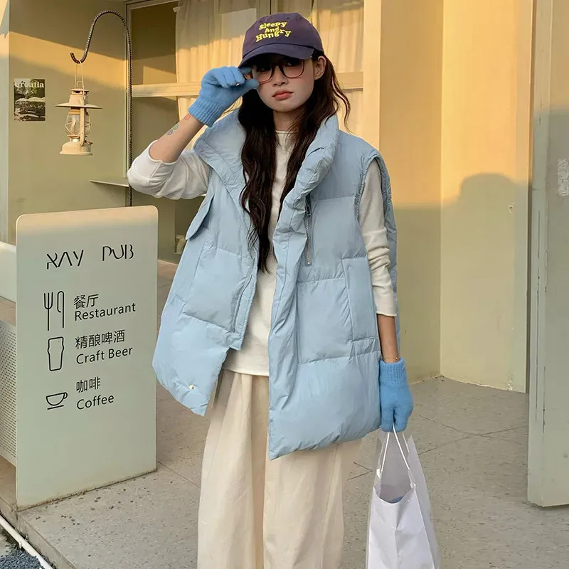 

Fashion Stand Collar Thick Warm Down Cotton Vest Women Autumn Winter New Sleeveless Jacket Female Waistcoat Loose Outwear T1577