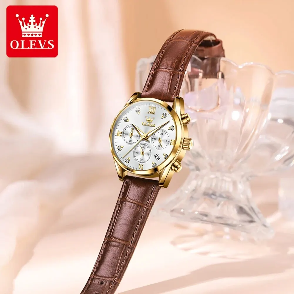 OLEVS 5523 Top Original Luxury Quartz Watch for Women Leather Strap Waterproof Luminous Chronograph Elegant Ladies Wristwatches