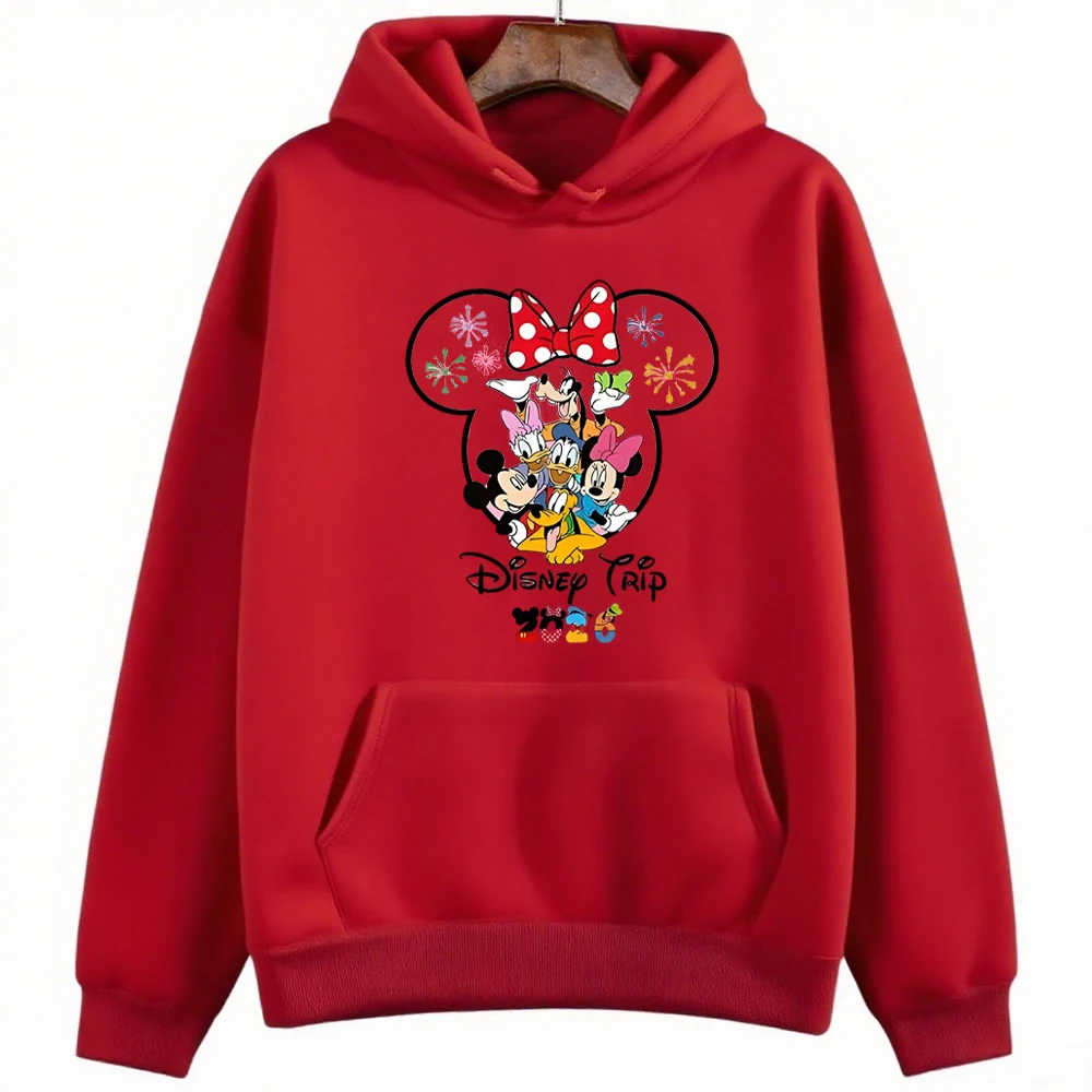 ديزني ملابس الوالدين والطفل 2026 ديزني لاند السفر نمط متعدد الألوان هوديي المرأة Kawaii البلوز زوجين عادية البلوز
