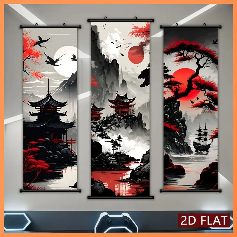VIKAMA Japanese Ink Landscape Wall Tapestry Red Sun Pagoda Pine Sailboat Mountain Black White Scroll Art Home Decor Cozy Soft