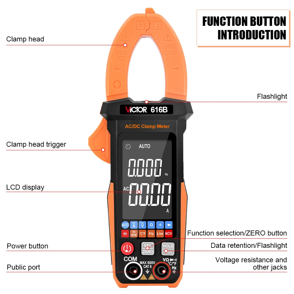 Victor DIgital Clamp Meter Mini Big Screen Reverse 6000 Count Ohm Capacitance Frequency Temp Full Function Clamp Meter