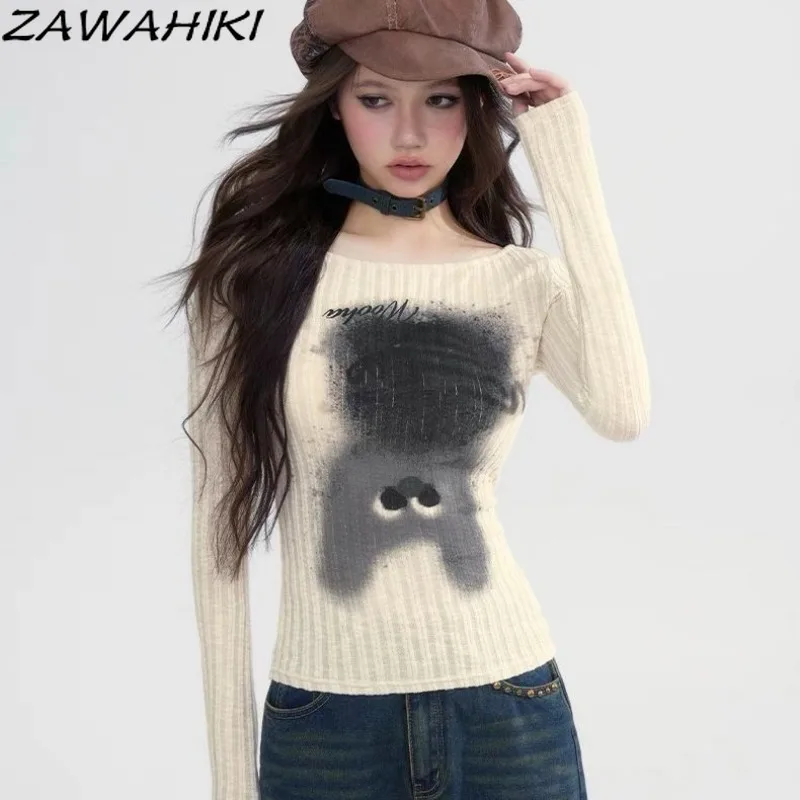 

ZAWAHIKI New Arrive Slim Letter Cartoon Print Sweet Long Sleeve T Shirt Women Y2K Aesthetic Chic Casual Kpop Grunge Clothes