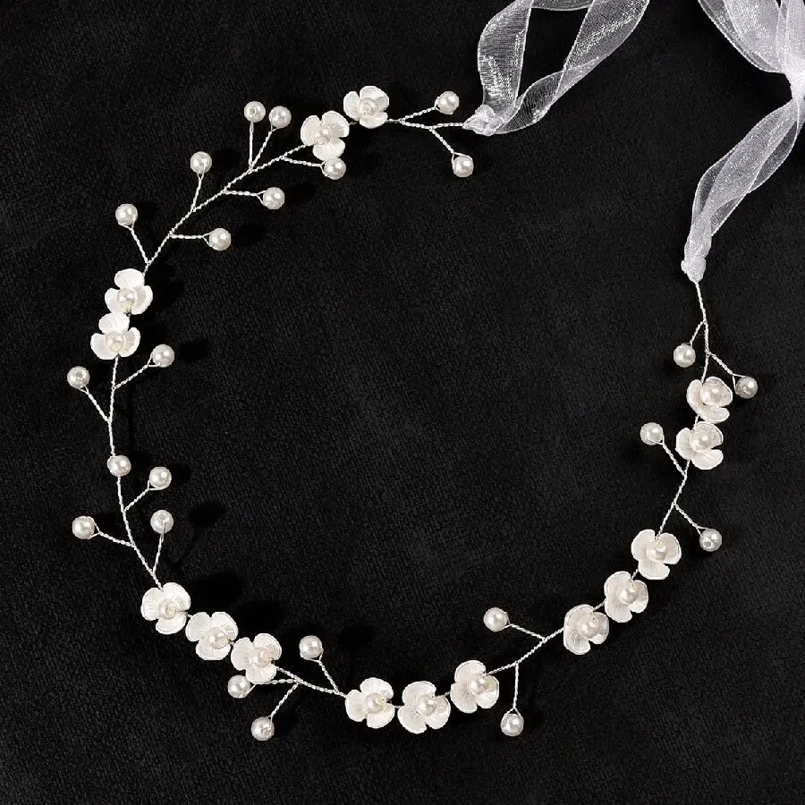 

Delicate Pearl Flower Hair Vine Long Ribbon Metallic Bridal Headband Three-Petal Design for Wedding Special Occasions