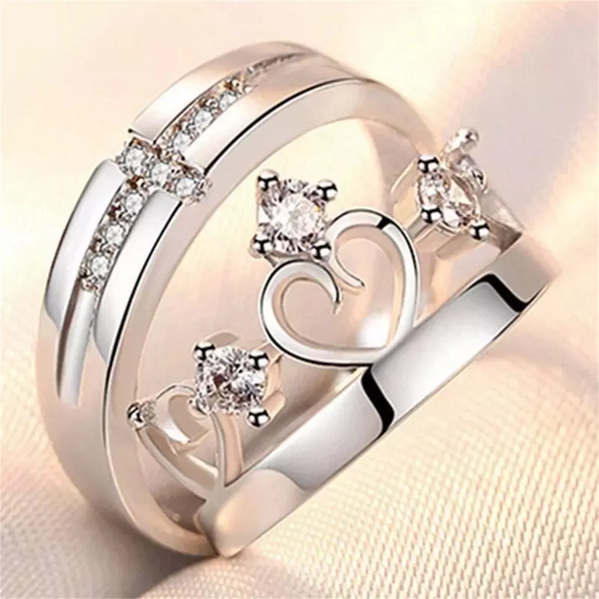 2Pcs Silver Color Luxury Zircon Crown Cross Couple Rings For Lovers Forever Endless Love Wedding Bands Ring Valentines Day Gifts