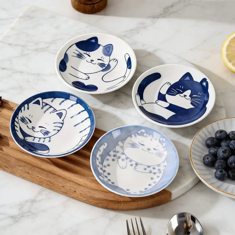 Ceramic Sauce Dish & Sushi Plate, Creative Cute Lucky Cat Pattern Water Drop Shape Tableware for Dessert, Fruit & Sushi