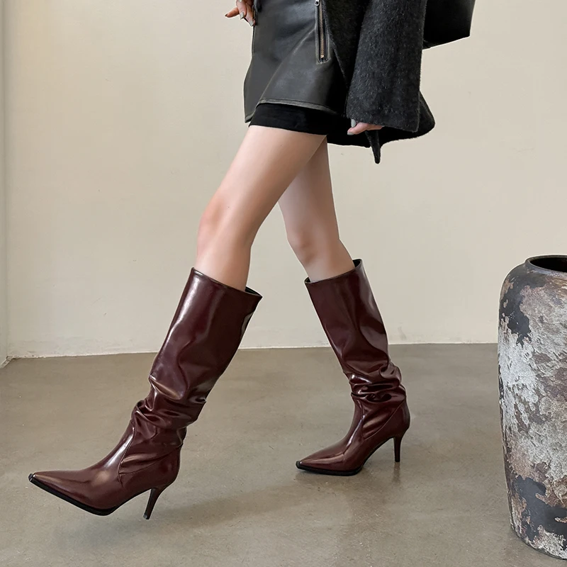 JOZHAMTA Size 34-40 Women Knee High Boots Real Leather Casual Wide Calf Kitten Heels Shoes Winter 2025 Office Lady Daily Dress