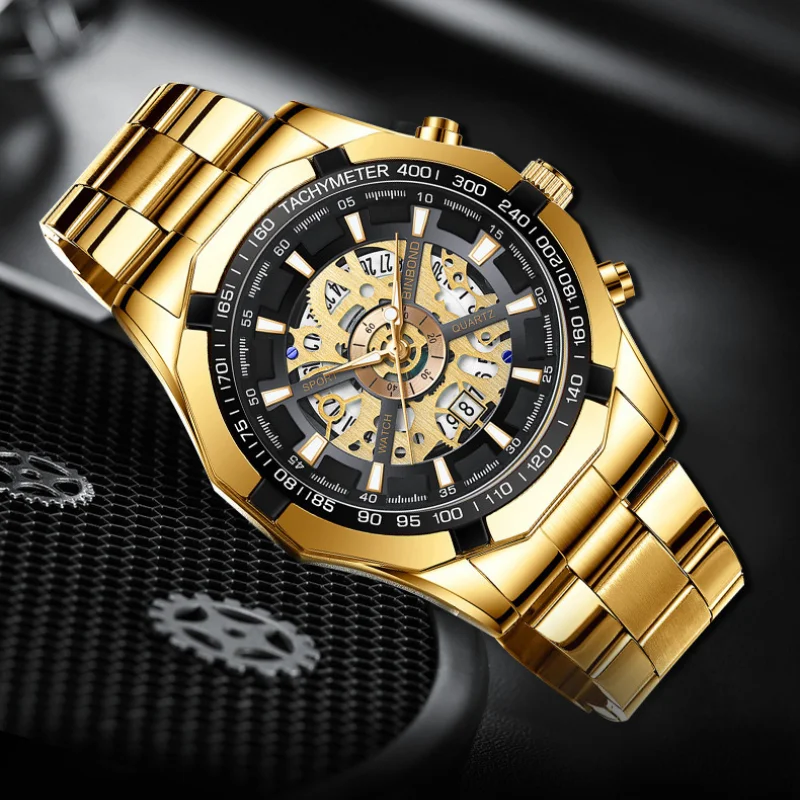 

2024 Men's Watch Gold Dial Stainless Steel Band Date Mens Business Male Watches Waterproof Luxuries Men Wrist Watches for Men