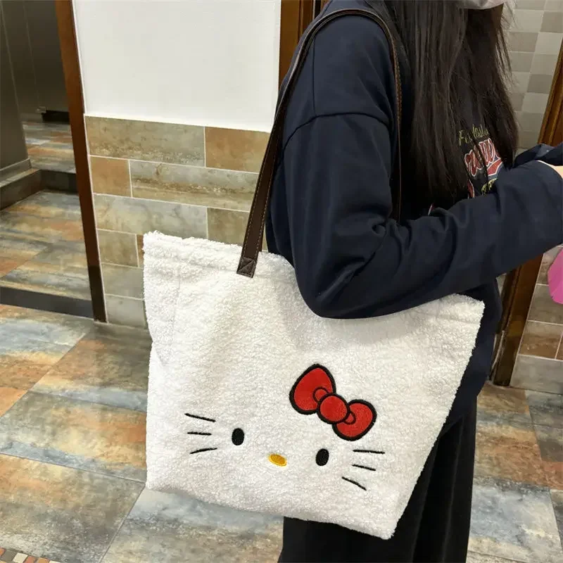 Doce olá kitty anime miniso kawaii saco de lona de armazenamento bonito dos desenhos animados ombro grande capacidade sacola moda presentes para meninas