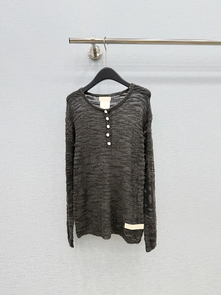 Spring Summer Fashion Beige Thin Style Breathable Knitting Pullovers Women's Solid Color O-Neck Button Loose Long Sleeve Shirt