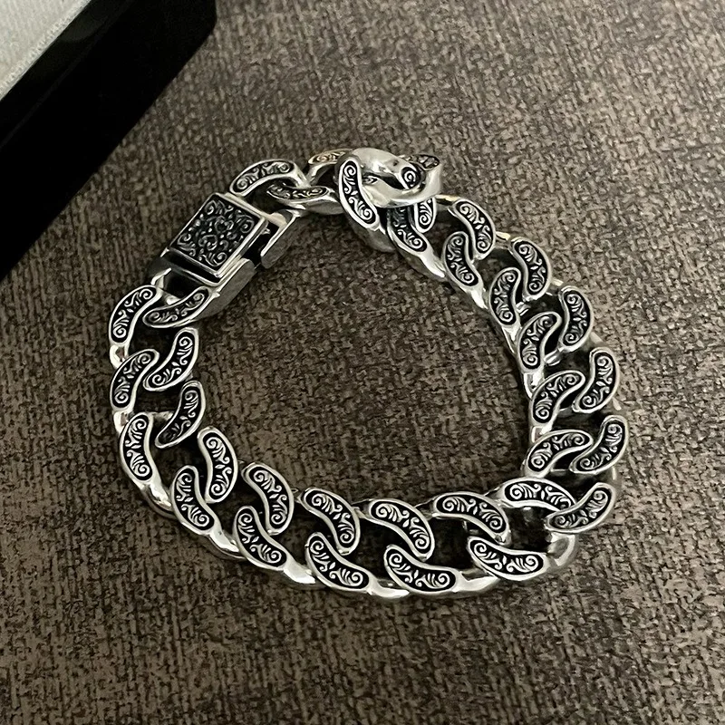 Heavy Vintage Distressed Cuban Bracelet, Engraved Arabesque Relief, Premium Personalized Jewelry