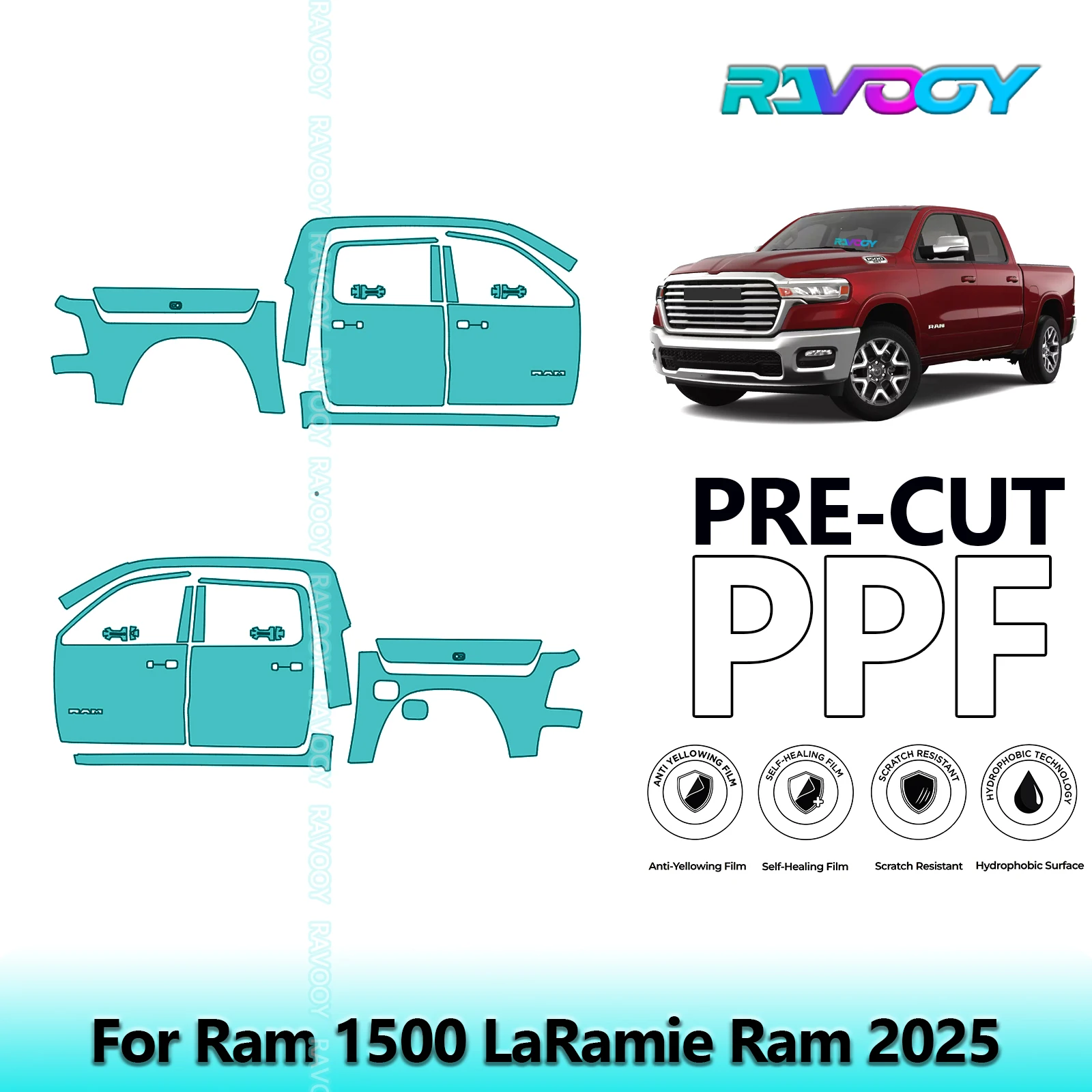 

For Ram 1500 LaRamie Ram 2025 8.5mil Clear Matte Pre-Cut PPF Door & A/B Pillar Kit TPU Paint Protection Film Set