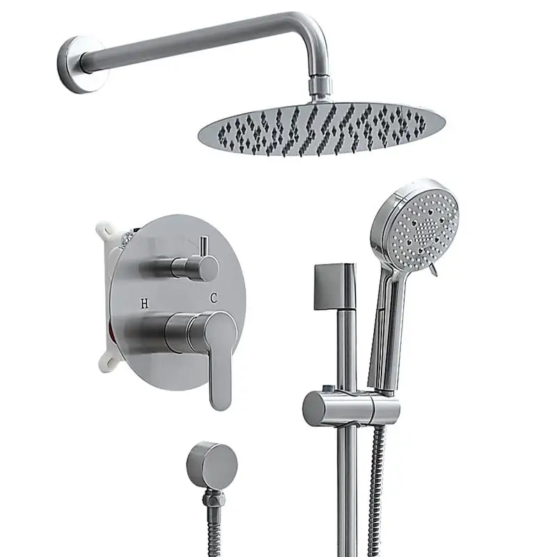 

10-Inch Shower System with Slide Bar, Complete Round Shower Head and 5-Spray Handheld Combo, Wall-Mounted Brushed Nickel Faucet