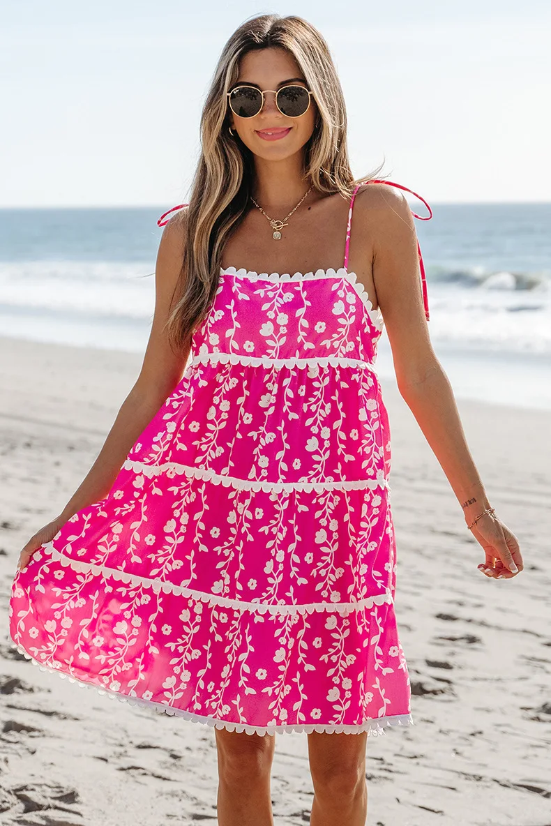 

2025 Summer New Print Suspender Dress Women's Holiday Casual Beach Dress Sleeveless Ruffled Hem Women Vestidos