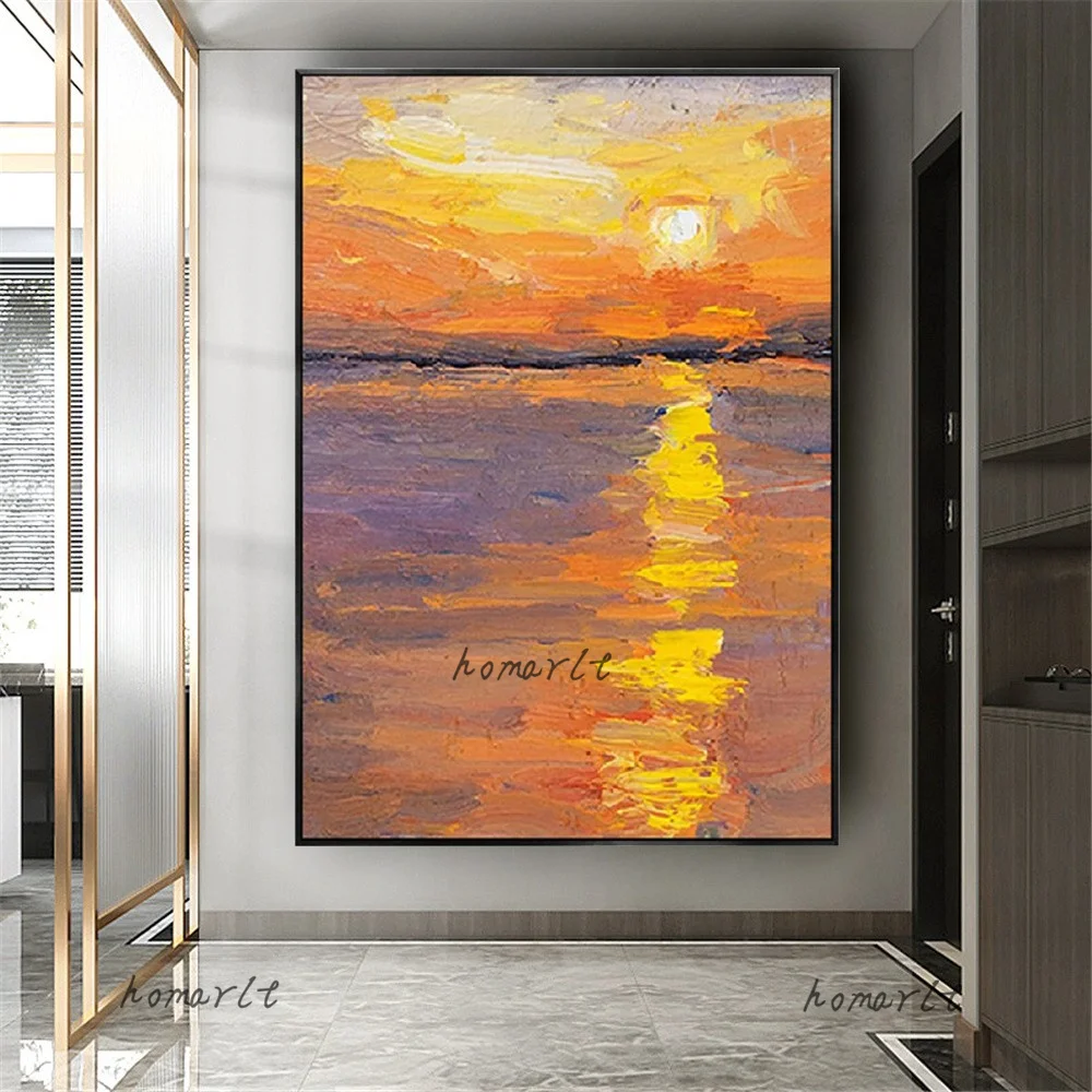 

Real Hand-Painted Modern Abstract Orange Red Sunrise Seascape Canvas Art Oil Painting Decor Living Room Large Wall Poster Mural