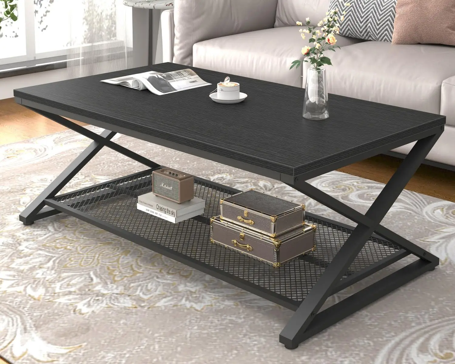 Black Coffee Table, Wood Metal 2 Tier Center Tables with Storage Shelf, Modern Rectangular Concrete Tea Table for Living Room