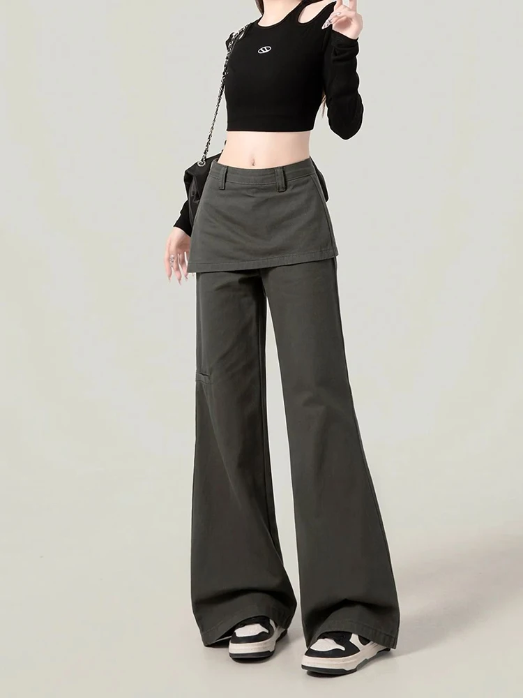 American style retro fake two piece jeans women spring and sautumn new spicy girl design sense slimming flared long pants