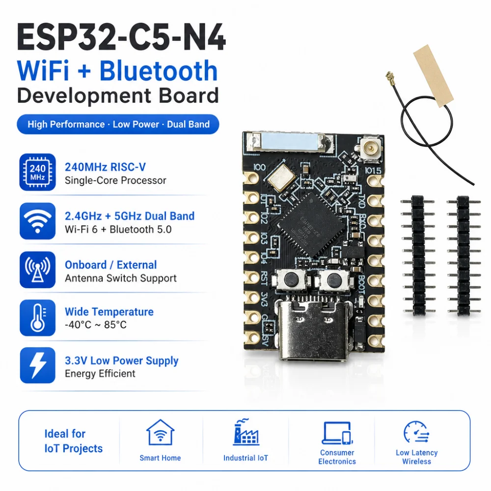 ESP32-C5-N4 Wi-Fi and Bluetooth Development Board, 2.4 GHz + 5 GHz Dual-Band Wi-Fi 6 and Bluetooth 5, Type-C Port