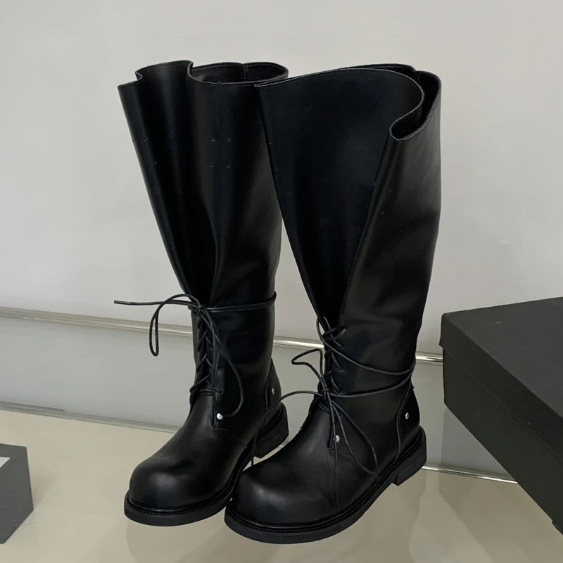 Winter Punk Style Designer Pleated Foldable Round Toe Lace Up Ankle Boots Women Square Heels Shoes Botines Zapatos Mujer