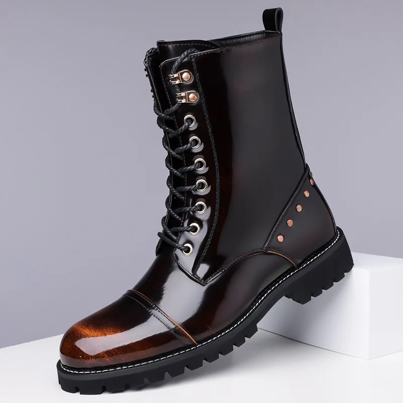 Botines de Hombre Negros con Superficie de Espejo, Diseño Clásico, Estilo Casual, Botas Altas, Zapatos Punk Rock Autumn