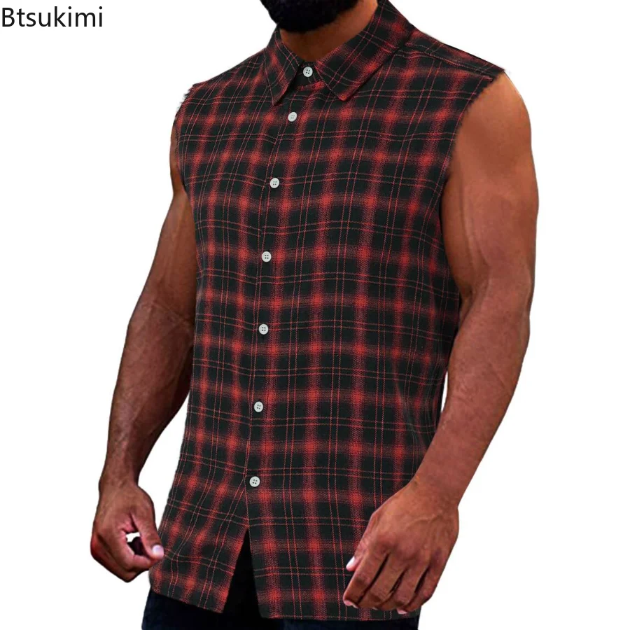 2026 Summer Men's Tanks Tops Vintage Plaid Print Lapel Vest Casual Sleeveless Shirt Tops Single Breasted Loose Sports Waistcoats
