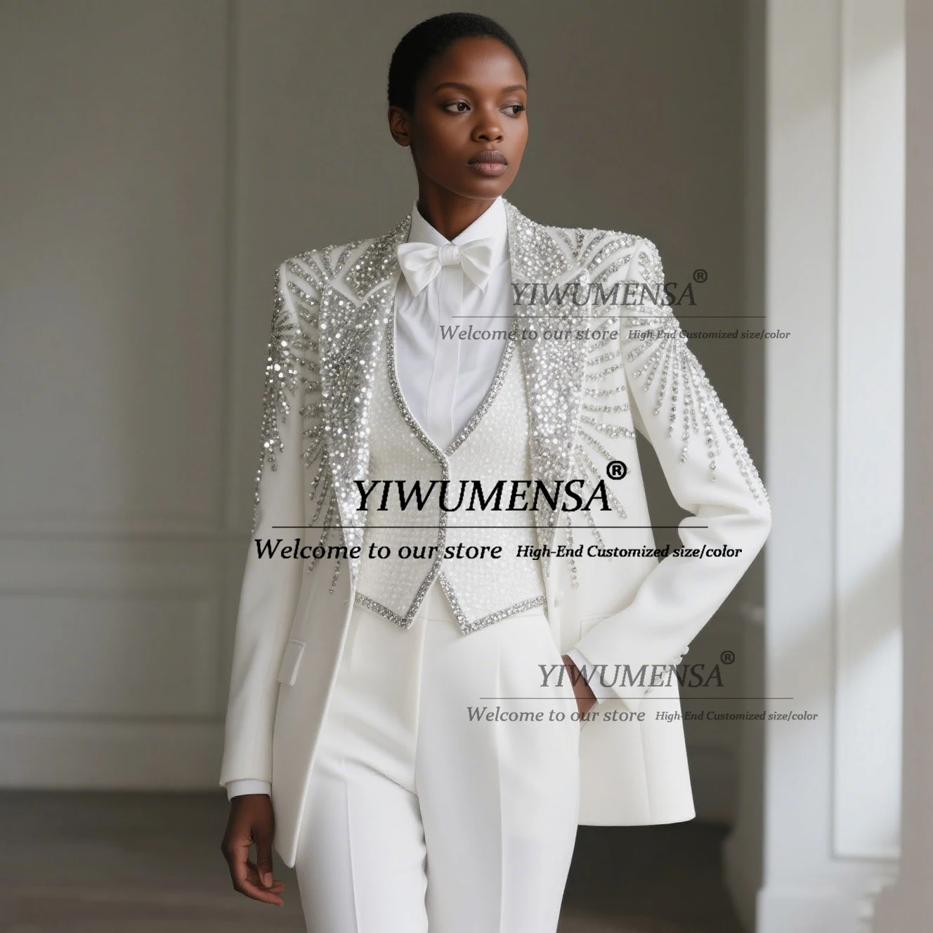 

Sparkling Crystasls Beaded Mother Of The Bride Dress Customized Single Breasted Blazer 3 Pieces Women Suits For Wedding Guest