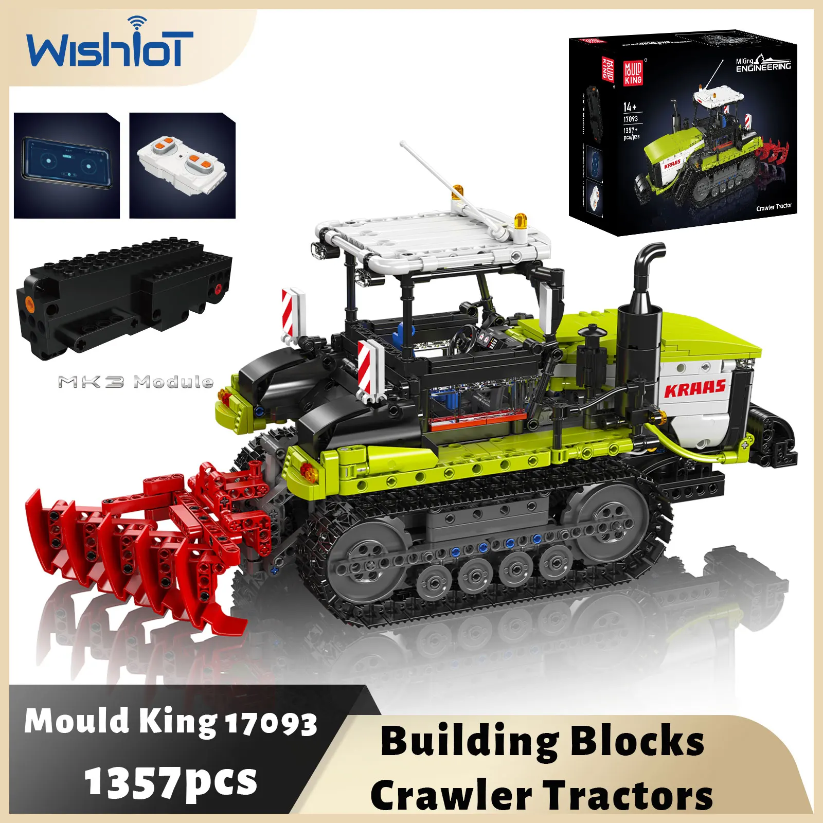 

Mold King 17093, гусеничный трактор, строительные блоки, инженерная модель автомобиля, приложение, дистанционное управление, привод мощности, игрушка-головоломка, подарок на праздник