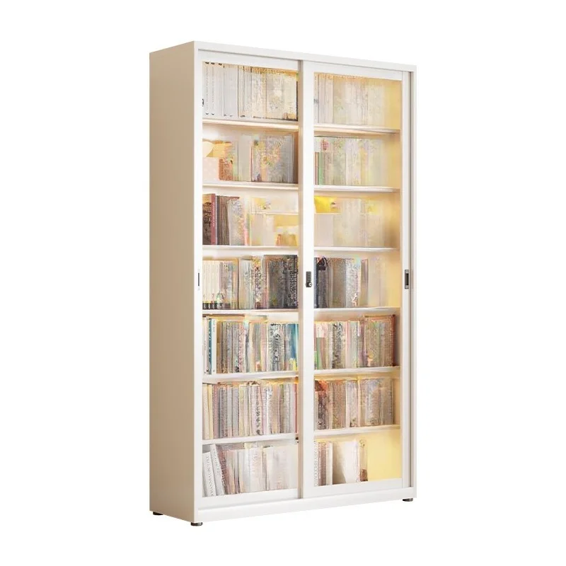 Household steel bookshelf sliding door dust-proof glass bookcase with lock display case floor storage locker