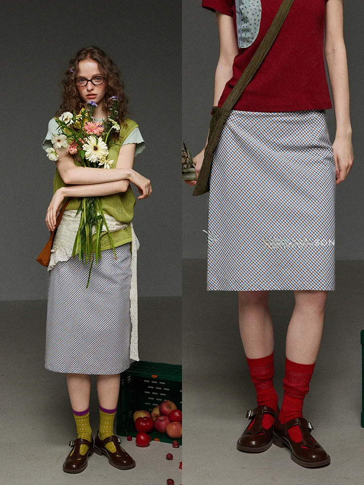 Retro Commuter Plaid High Waist Straight Cut  Skirt Women's Versatile Slimming Five-Quarter Length A-Line Skirt