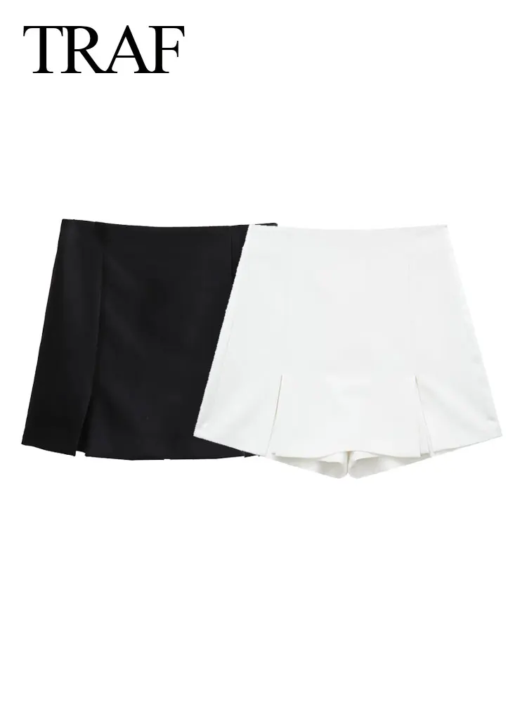 

Модная женская мини-юбка TRAF 2024, однотонная шикарная Элегантная атласная текстурированная Лоскутная облегающая женская короткая юбка-брюки, уличная одежда