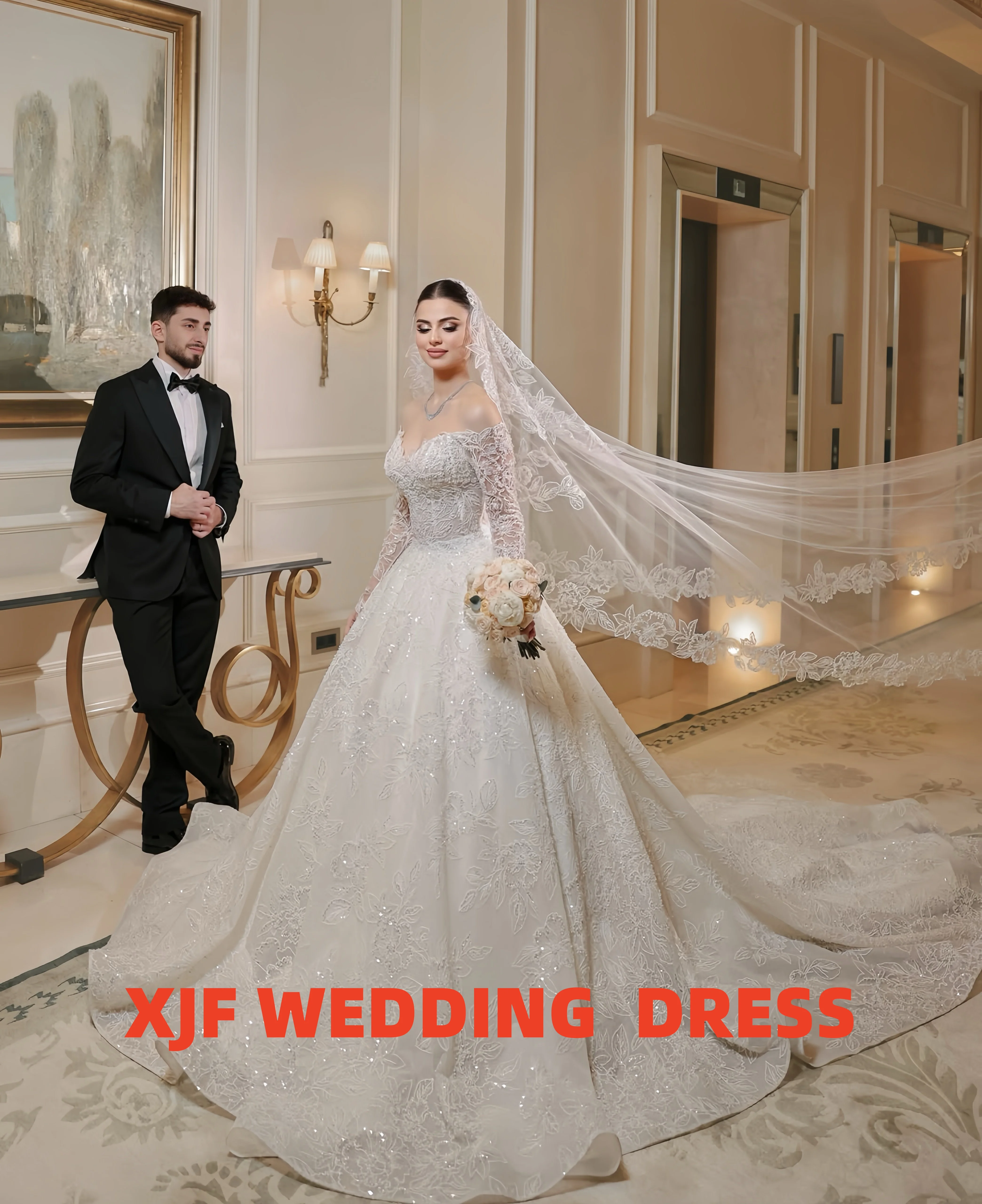 Personnalisé col doux à manches longues robe de bal perlée luxe amanda novias robes de novia amanda novias robe de mariée