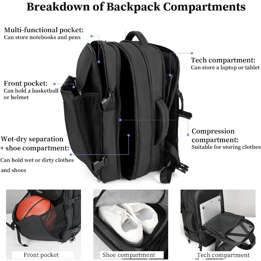حقيبة ظهر مضغوطة بالفراغ سعة 60 لتر قابلة للتوسيع ومقاومة للماء ومضادة للسرقة باللون الأسود #4