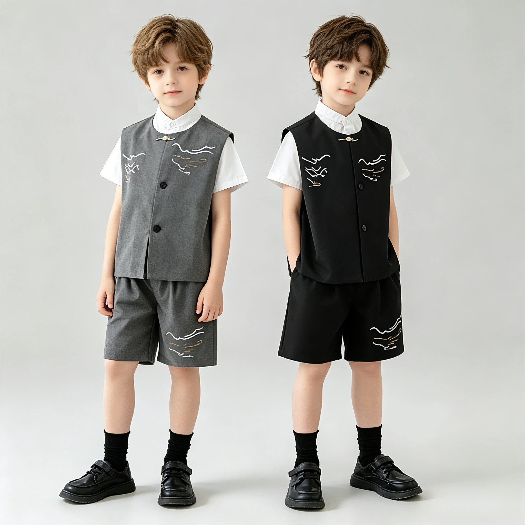 Boys Chinese Tang Suit Set Fashion Embroidered Cloud Pattern Vest Pants Outfits Grey Gentleman Teen Kids Birthday Costume 12 Y