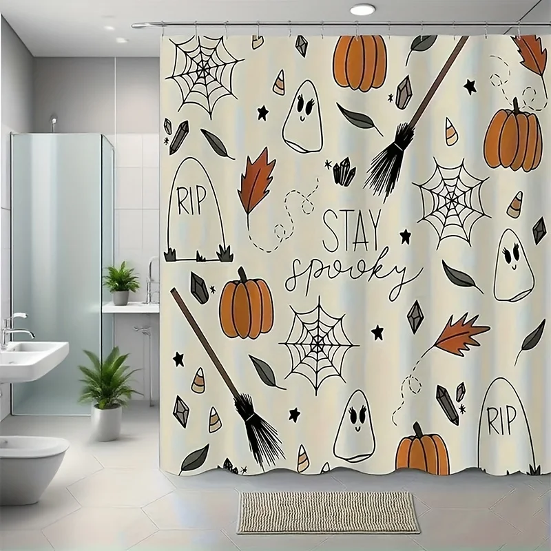 1pc Halloween-Themed Shower Curtain Featuring a Black Spider Web, Orange Pumpkin, Ghost Designs, Black Broom, Maple Leaf, And Va