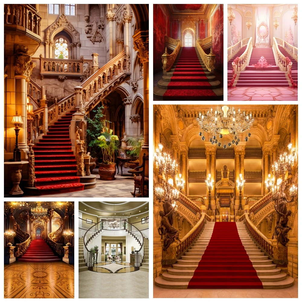 

Luxury Vintage Palace Photography Backdrop Luxurious Opera Castle Palace Red Carpet Stairs Indoor Portrait Photo Background Deco